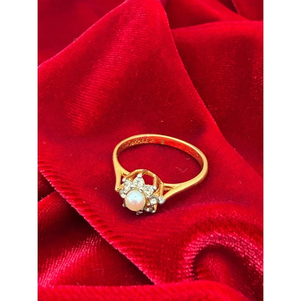 Vintage 18K HGE Gold Electroplated Faux Pearl Crystal Flower Cluster Ring Size 8